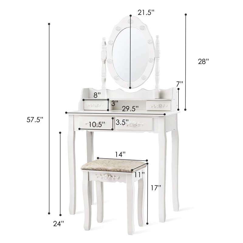 4-Drawer Makeup Vanity Table Set with 10 LED Lights, Storage Shelf, Rose Knob, Bedroom Dressing Makeup Table Vanity Desk