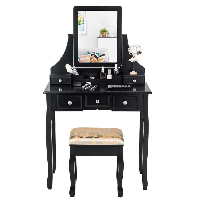 5-Drawer Makeup Table Vanity Set with Mirror & Cushioned Stool, Bedroom Dressing Table with Removable Storage Organizers