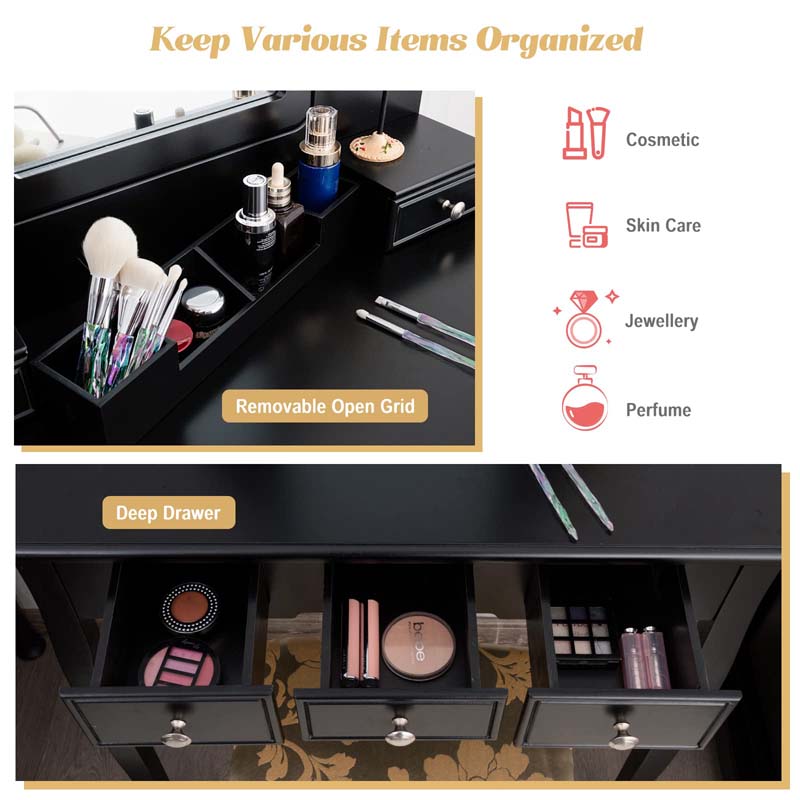 5-Drawer Makeup Table Vanity Set with Mirror & Cushioned Stool, Bedroom Dressing Table with Removable Storage Organizers