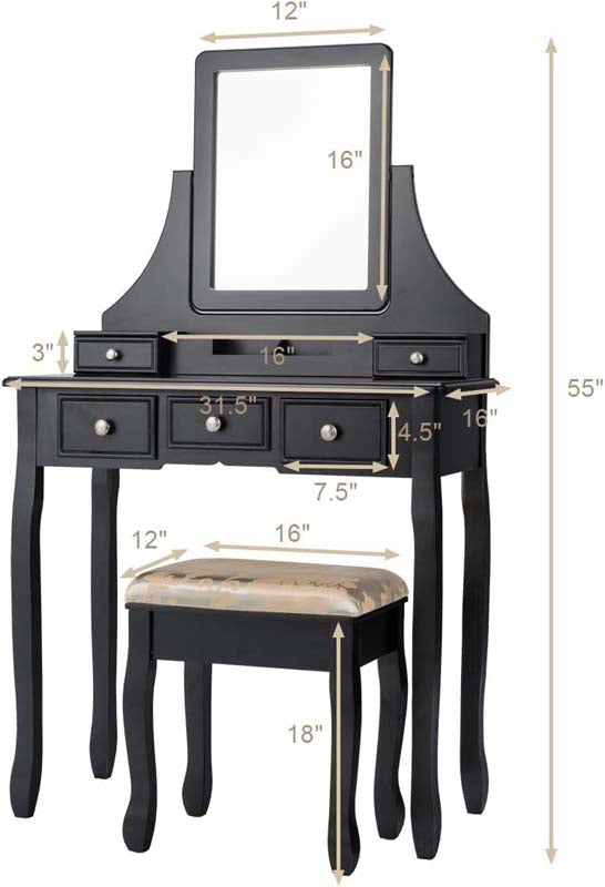 5-Drawer Makeup Table Vanity Set with Mirror & Cushioned Stool, Bedroom Dressing Table with Removable Storage Organizers