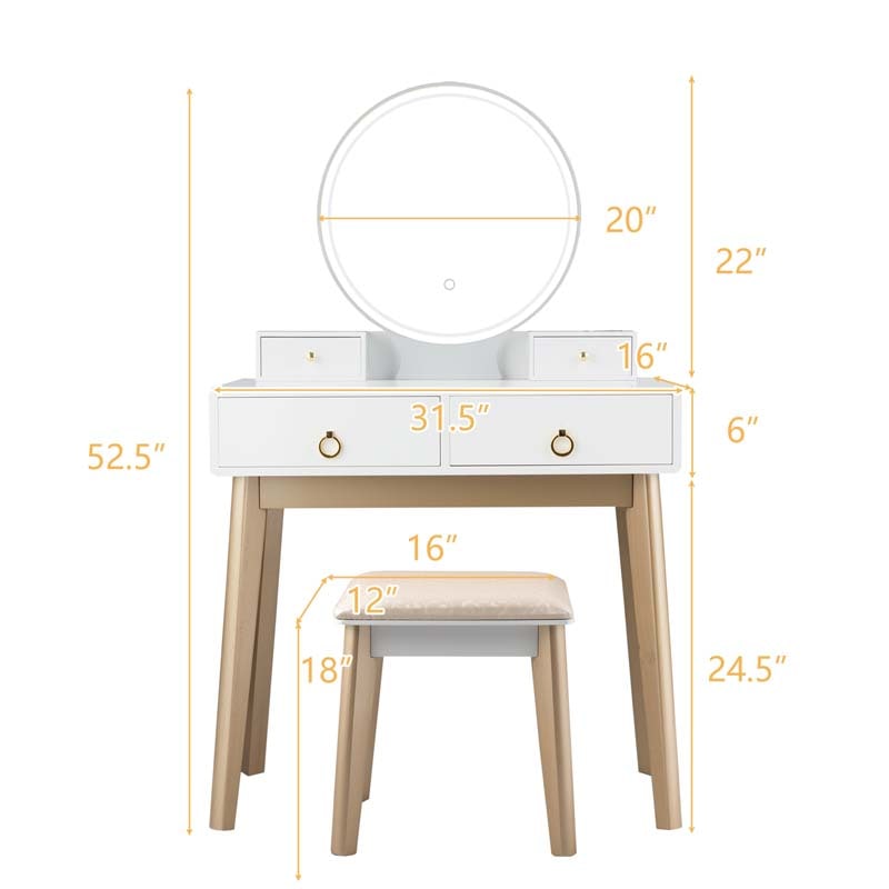 Modern Makeup Vanity Set with Touch Screen Dimming Mirror and 3 Color LED Lighting Modes, Jewelry Divider Dressing Table