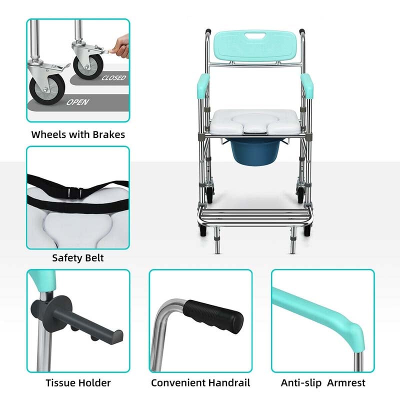 4 in 1 Bedside Commode Chair Transport Shower Wheelchair Toilet Chair with Folding Pedal