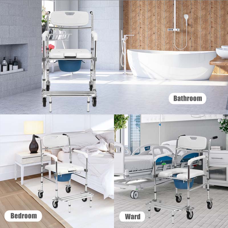 4 in 1 Bedside Commode Chair Transport Shower Wheelchair Toilet Chair with Folding Pedal