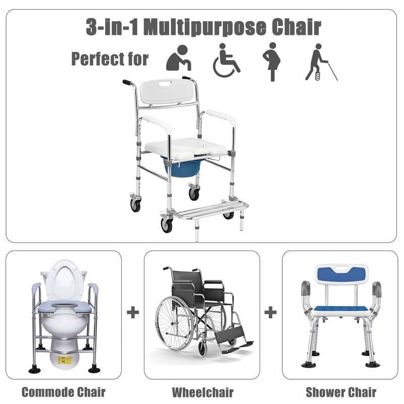 4 in 1 Bedside Commode Chair Transport Shower Wheelchair Toilet Chair with Folding Pedal