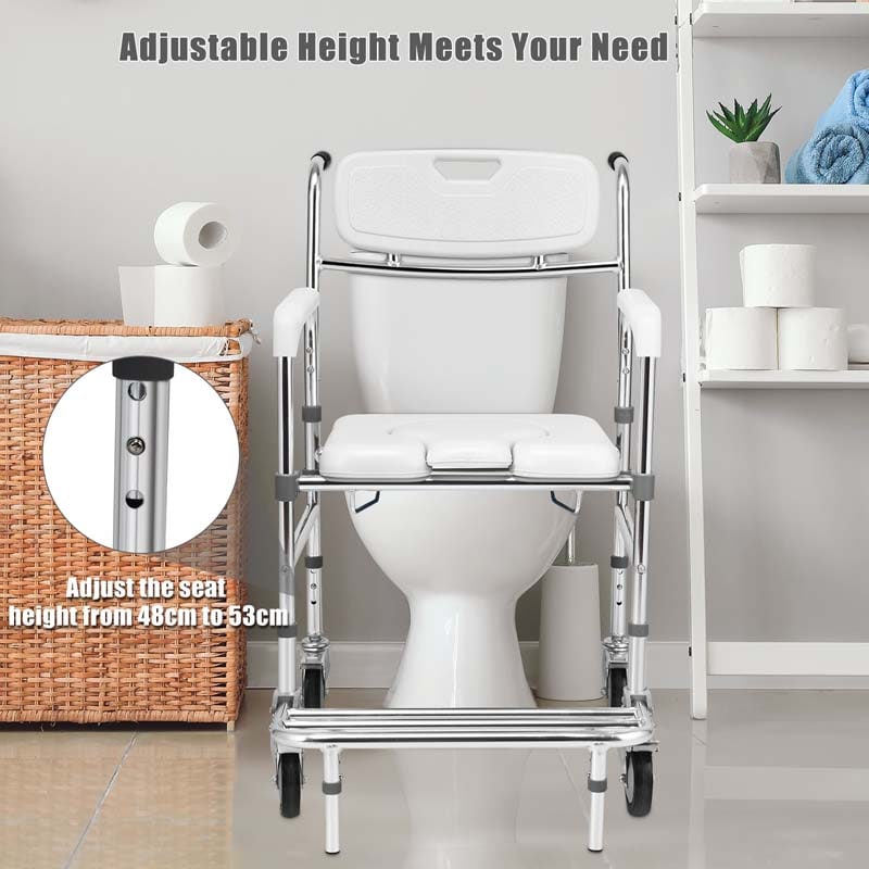 4 in 1 Bedside Commode Chair Transport Shower Wheelchair Toilet Chair with Folding Pedal