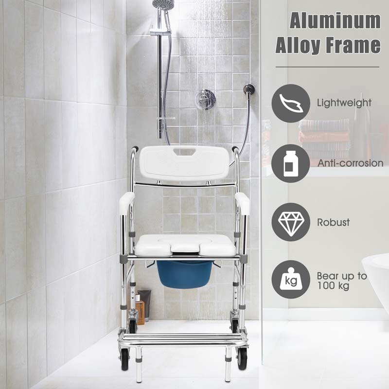 4 in 1 Bedside Commode Chair Transport Shower Wheelchair Toilet Chair with Folding Pedal