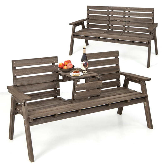 2-3 Person Outdoor Fir Wood Porch Bench Garden Slatted Seat Bench w/Foldable Middle Table, Backrest and Armrests