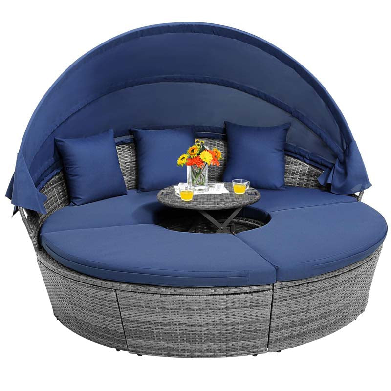 Outdoor Wicker Round Daybed with Retractable Canopy, Patio Sectional Seating Furniture with Cushions & Adjustable Side Table