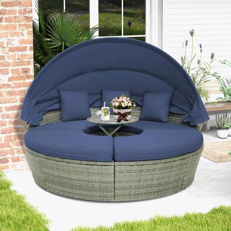 Outdoor Wicker Round Daybed with Retractable Canopy, Patio Sectional Seating Furniture with Cushions & Adjustable Side Table