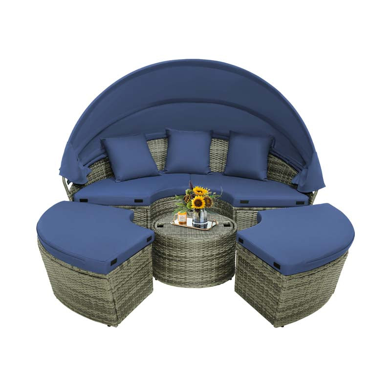 Outdoor Wicker Round Daybed with Retractable Canopy, Patio Sectional Seating Furniture with Cushions & Adjustable Side Table
