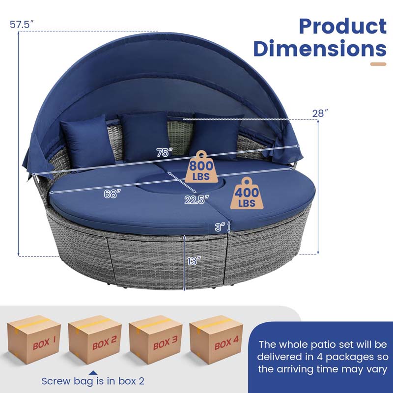 Outdoor Wicker Round Daybed with Retractable Canopy, Patio Sectional Seating Furniture with Cushions & Adjustable Side Table