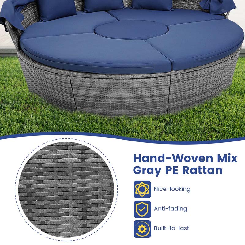 Outdoor Wicker Round Daybed with Retractable Canopy, Patio Sectional Seating Furniture with Cushions & Adjustable Side Table