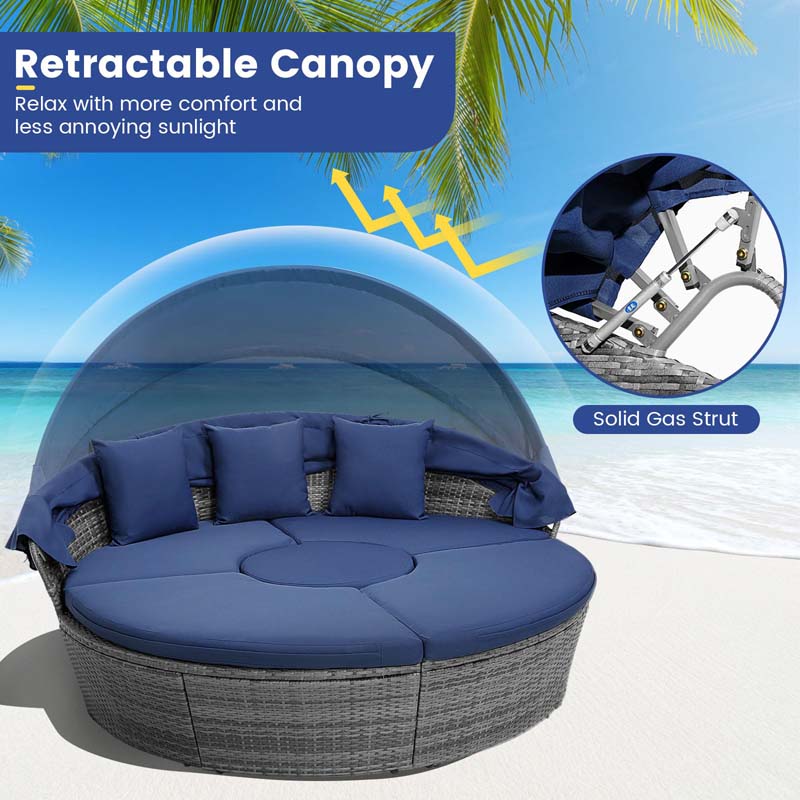 Outdoor Wicker Round Daybed with Retractable Canopy, Patio Sectional Seating Furniture with Cushions & Adjustable Side Table