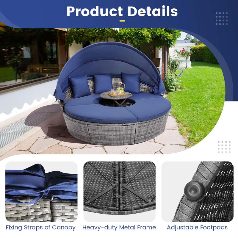 Outdoor Wicker Round Daybed with Retractable Canopy, Patio Sectional Seating Furniture with Cushions & Adjustable Side Table