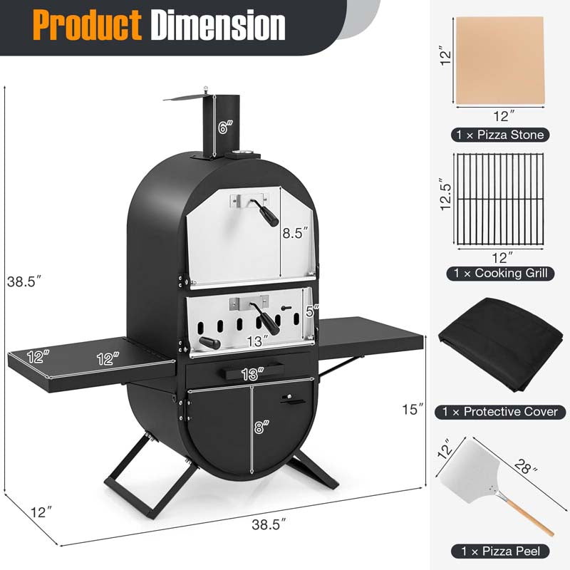2-Layer Outdoor Pizza Oven Wood Fired Pizza Maker Stove with 12" Pizza Stone & Side Shelves, Thermometer, Protective Cover