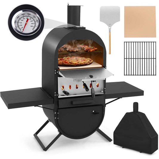 2-Layer Outdoor Pizza Oven Wood Fired Pizza Maker Stove with 12" Pizza Stone & Side Shelves, Thermometer, Protective Cover