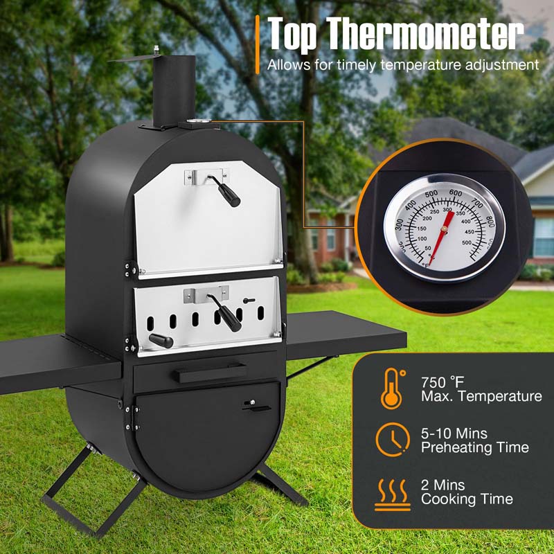2-Layer Outdoor Pizza Oven Wood Fired Pizza Maker Stove with 12" Pizza Stone & Side Shelves, Thermometer, Protective Cover