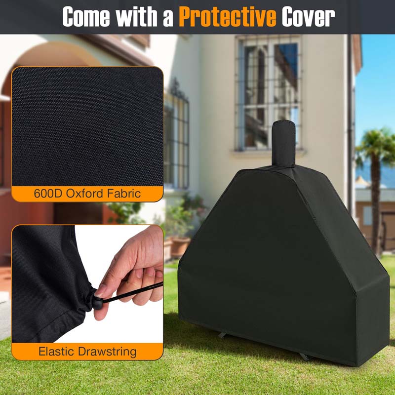 2-Layer Outdoor Pizza Oven Wood Fired Pizza Maker Stove with 12" Pizza Stone & Side Shelves, Thermometer, Protective Cover