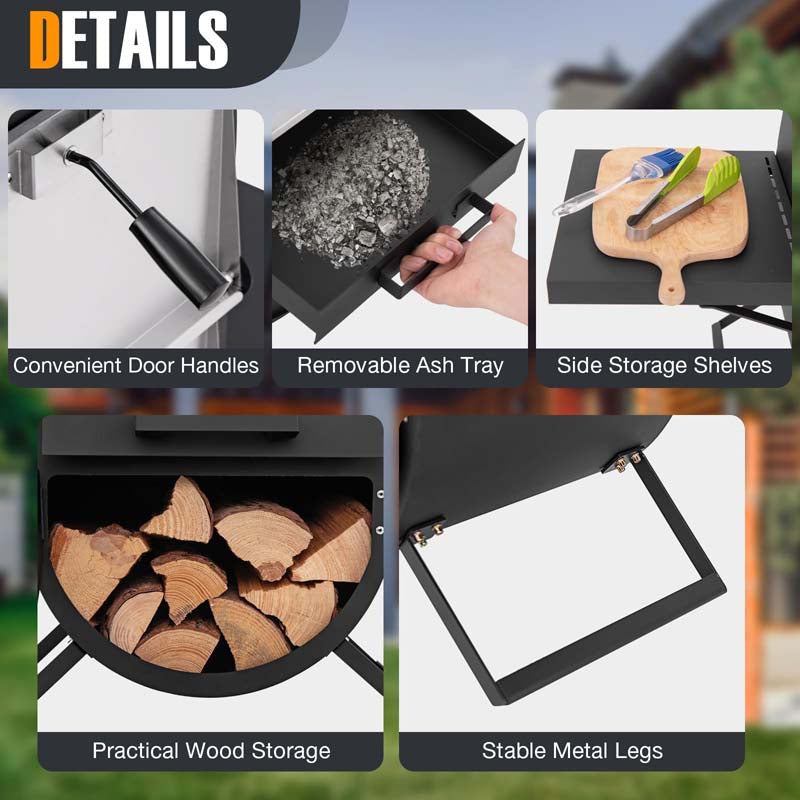 2-Layer Outdoor Pizza Oven Wood Fired Pizza Maker Stove with 12" Pizza Stone & Side Shelves, Thermometer, Protective Cover