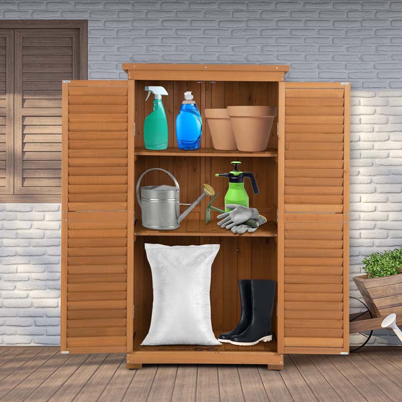 63" Wooden Outdoor Storage Cabinet Garden Shed Tool Organizer with Asphalt Roof & 3 Removable Shelves