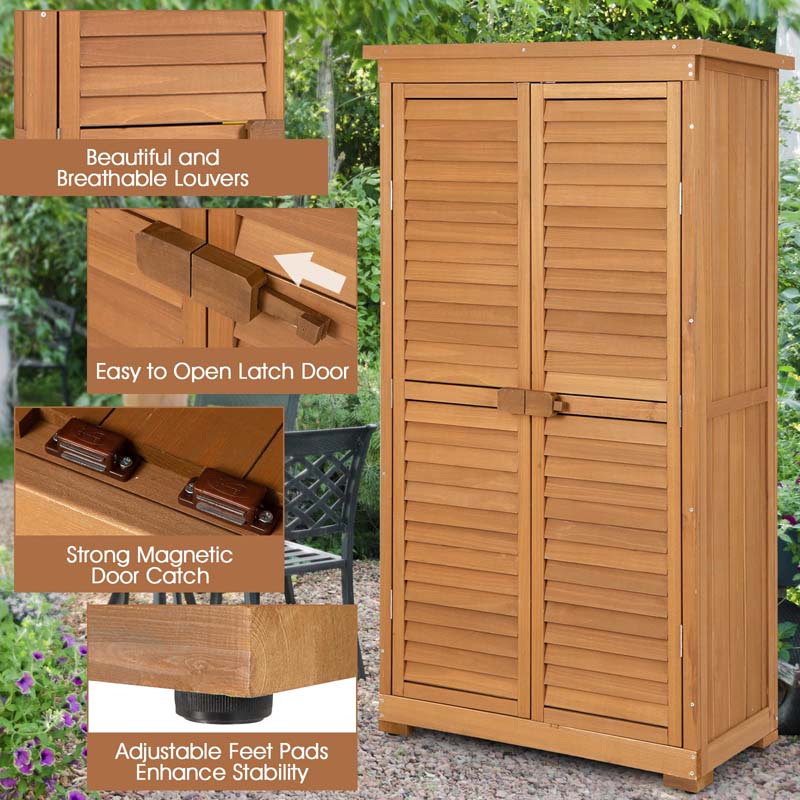 63" Wooden Outdoor Storage Cabinet Garden Shed Tool Organizer with Asphalt Roof & 3 Removable Shelves