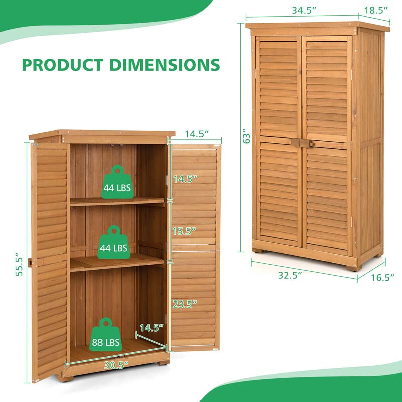 63" Wooden Outdoor Storage Cabinet Garden Shed Tool Organizer with Asphalt Roof & 3 Removable Shelves