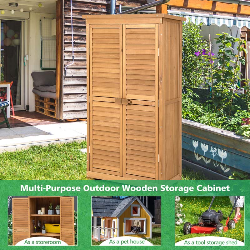 63" Wooden Outdoor Storage Cabinet Garden Shed Tool Organizer with Asphalt Roof & 3 Removable Shelves