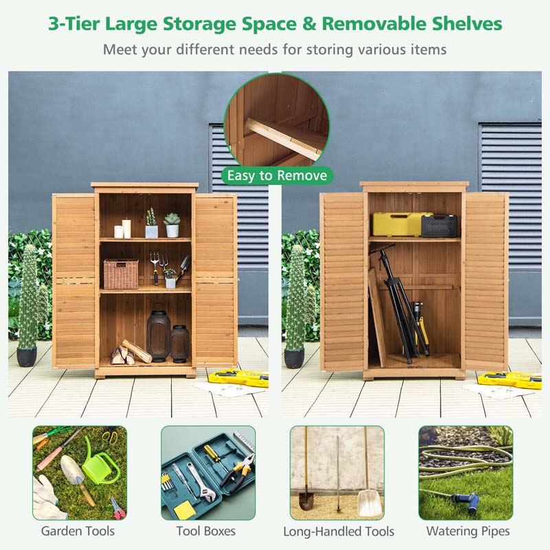 63" Wooden Outdoor Storage Cabinet Garden Shed Tool Organizer with Asphalt Roof & 3 Removable Shelves