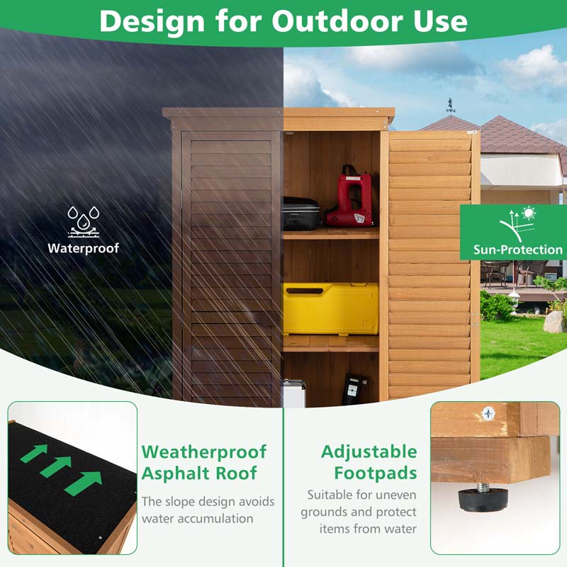 63" Wooden Outdoor Storage Cabinet Garden Shed Tool Organizer with Asphalt Roof & 3 Removable Shelves
