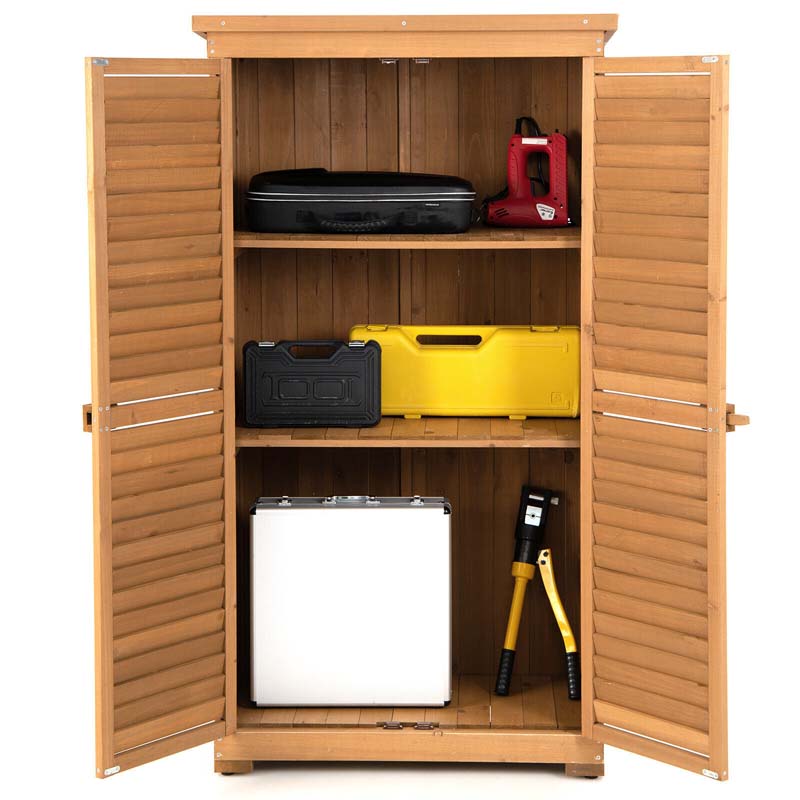 63" Wooden Outdoor Storage Cabinet Garden Shed Tool Organizer with Asphalt Roof & 3 Removable Shelves