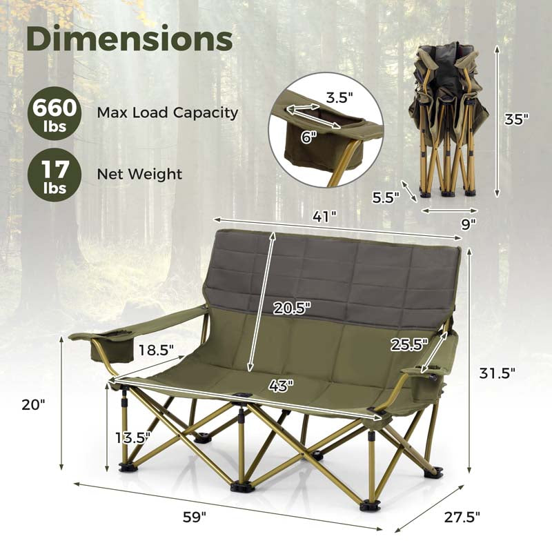 2-Person Folding Loveseat Camping Couch Chair with Cup Holders & Thick Padding, Outdoor Lawn Chair for Beach Picnic Travel