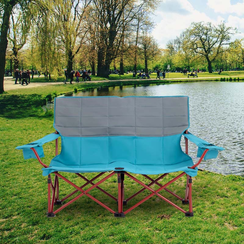 2-Person Folding Loveseat Camping Couch Chair with Cup Holders & Thick Padding, Outdoor Lawn Chair for Beach Picnic Travel