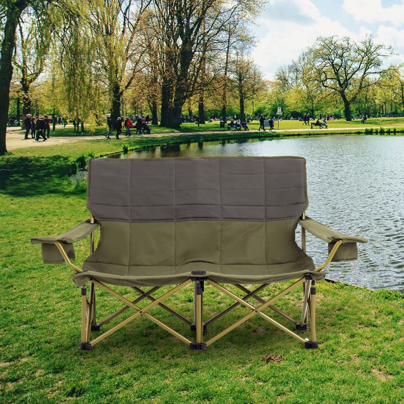 2-Person Folding Loveseat Camping Couch Chair with Cup Holders & Thick Padding, Outdoor Lawn Chair for Beach Picnic Travel