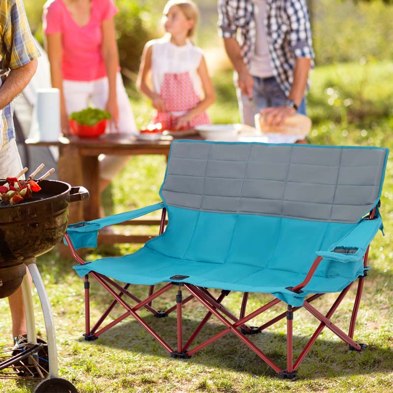 2-Person Folding Loveseat Camping Couch Chair with Cup Holders & Thick Padding, Outdoor Lawn Chair for Beach Picnic Travel