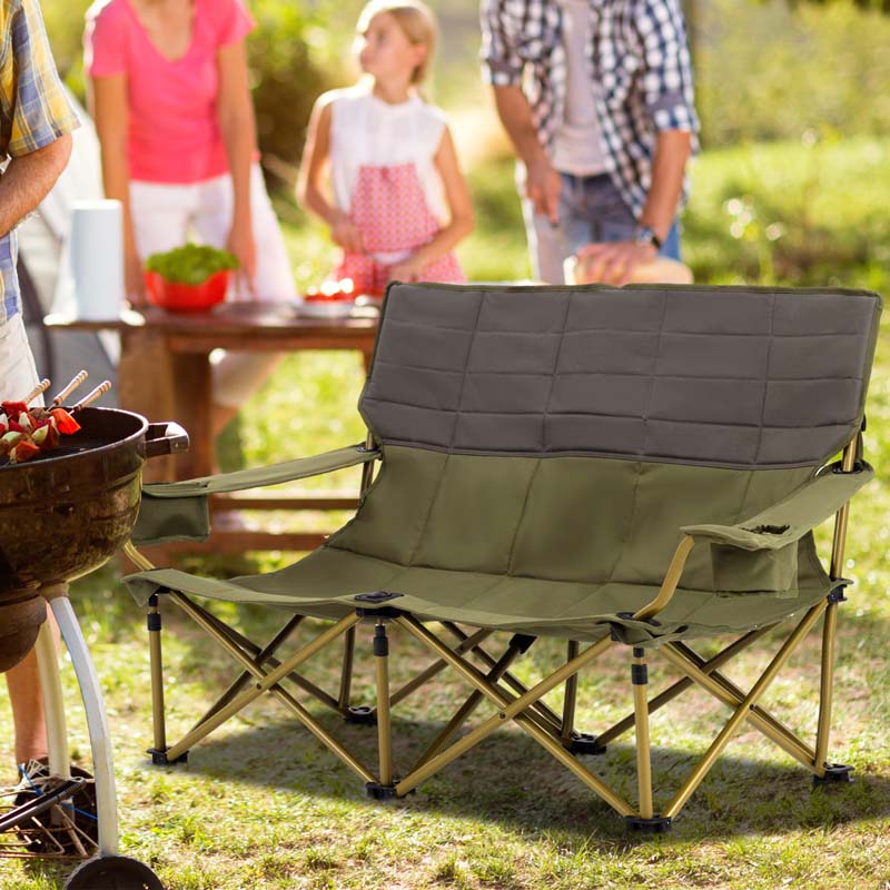 2-Person Folding Loveseat Camping Couch Chair with Cup Holders & Thick Padding, Outdoor Lawn Chair for Beach Picnic Travel