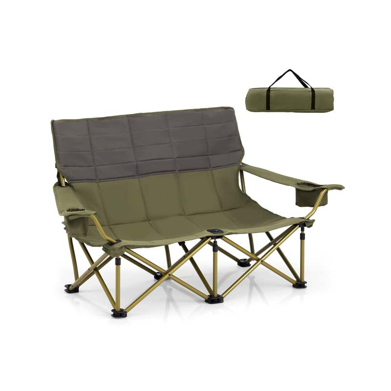 2-Person Folding Loveseat Camping Couch Chair with Cup Holders & Thick Padding, Outdoor Lawn Chair for Beach Picnic Travel