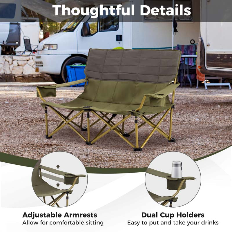 2-Person Folding Loveseat Camping Couch Chair with Cup Holders & Thick Padding, Outdoor Lawn Chair for Beach Picnic Travel