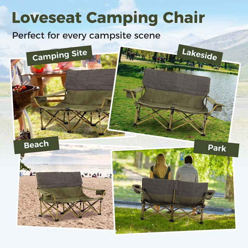 2-Person Folding Loveseat Camping Couch Chair with Cup Holders & Thick Padding, Outdoor Lawn Chair for Beach Picnic Travel