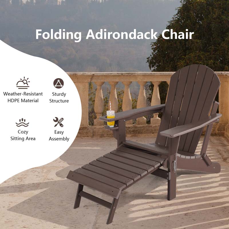 All-Weather Folding Adirondack Chair w/Retractable Ottoman & Cup Holder, HDPE Plastic Resin Outdoor Patio Lounger for Pool Deck