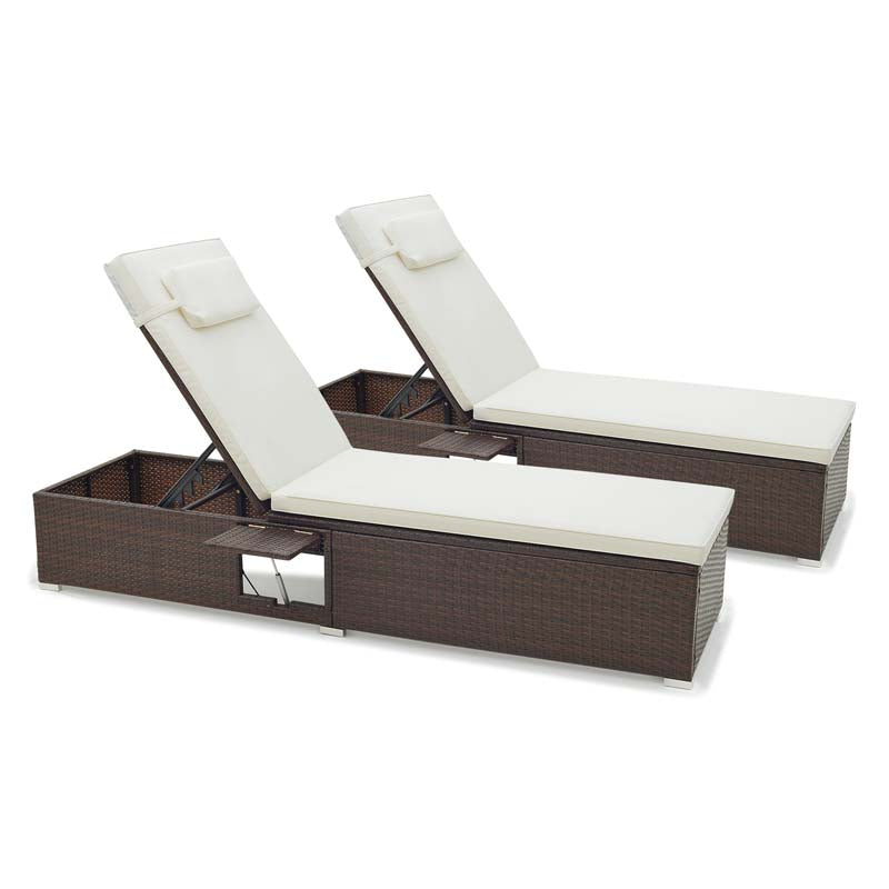 Set of 2 Rattan Patio Chaise Lounge Chair with 6-Level Backrest, Seat Cushion & Headrest, Outside Reclining Chair for Backyard