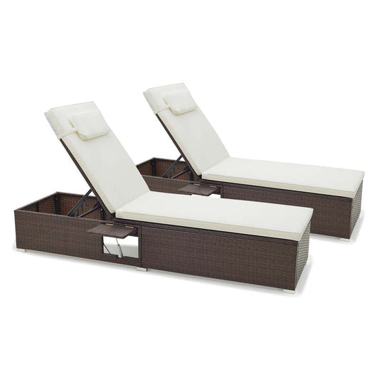 Set of 2 Rattan Patio Chaise Lounge Chair with 6-Level Backrest, Seat Cushion & Headrest, Outside Reclining Chair for Backyard