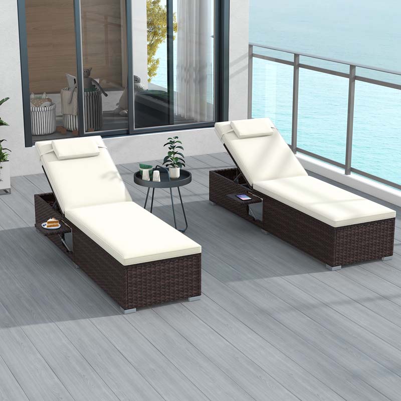 Set of 2 Rattan Patio Chaise Lounge Chair with 6-Level Backrest, Seat Cushion & Headrest, Outside Reclining Chair for Backyard
