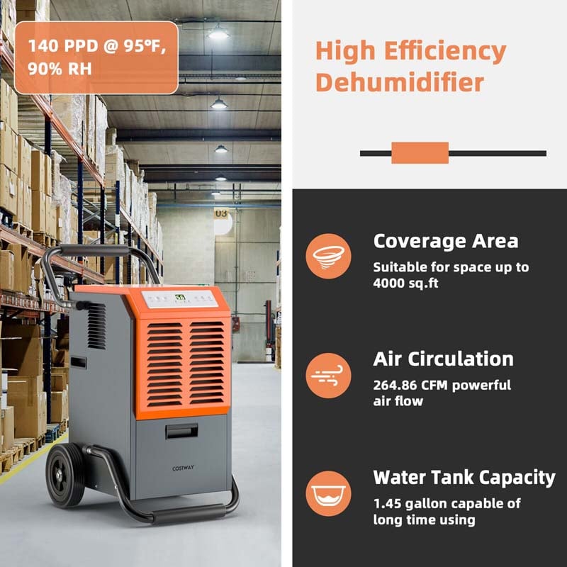 140 PPD Portable Commercial Dehumidifier with 1.45 Gallon Water Tank & 6.5 Ft Drainage Pipe