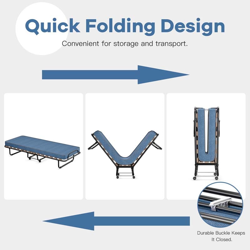 75" x 32" Rollaway Bed with Mattress, Portable Guest Bed Folding Sleeper Bed Cot