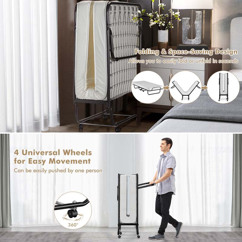75" x 31" Rollaway Folding Bed with 4" Memory Foam Mattress, Portable Fold Up Guest Bed with Metal Frame and Wheels