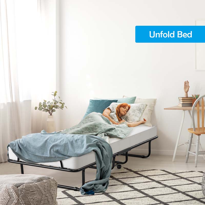 75" x 31" Rollaway Folding Bed with 4" Memory Foam Mattress, Portable Fold Up Guest Bed with Metal Frame and Wheels
