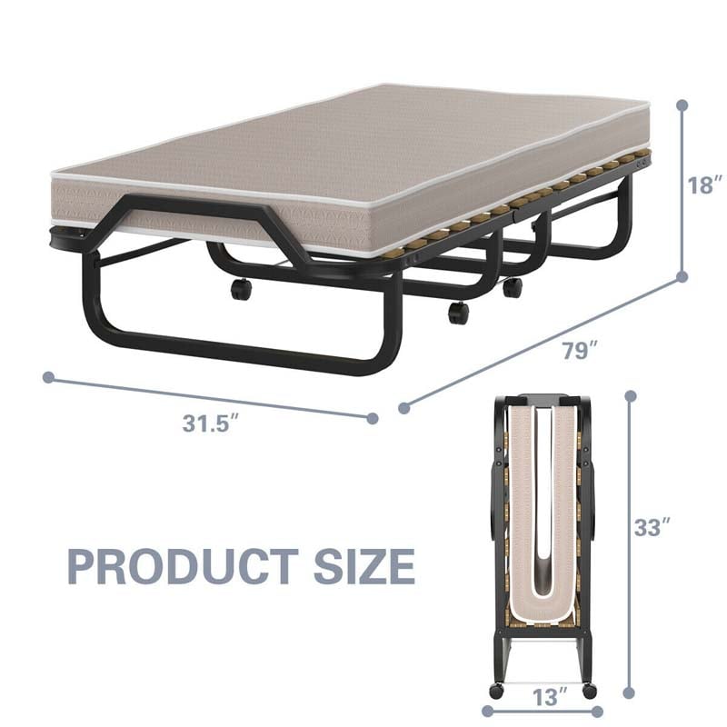 79" x 31.5" Rollaway Bed with Mattress, Portable Guest Bed Folding Sleeper Bed Cot