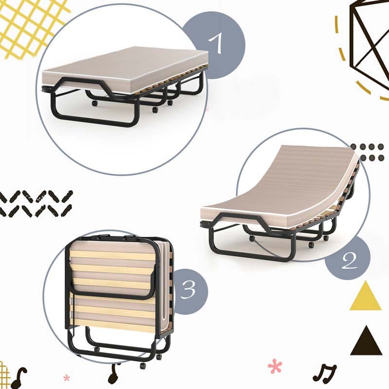 79" x 31.5" Rollaway Bed with Mattress, Portable Guest Bed Folding Sleeper Bed Cot