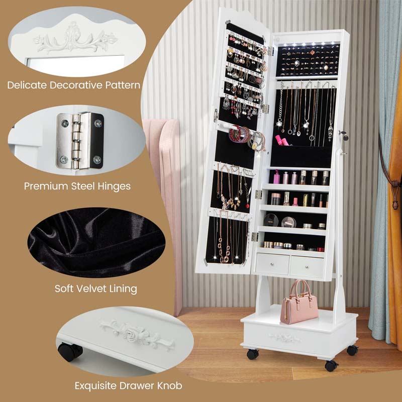 6 LEDs Mirror Floor Standing Jewelry Armoire with Wheels, Lockable Jewelry Cabinet Storage Organizer w/Full-Length Mirror and 3 Adjustable Angles