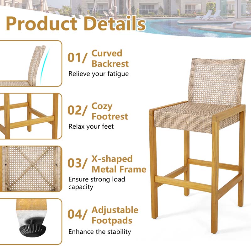 Rattan Wood Bar Stools Patio Dining Chairs with Backrest & Footrest, Indoor Outdoor Bar Height Chairs for Backyard Poolside